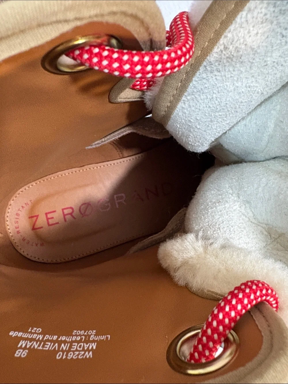 Cole Haan Tan Suede Shearling-Trim Winter Hiker Boots with Red Laces